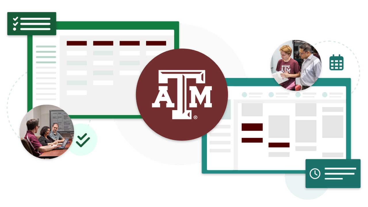 Texas A&M Staff and Students using Microsoft Planner and Bookings Apps next to the A&M logo