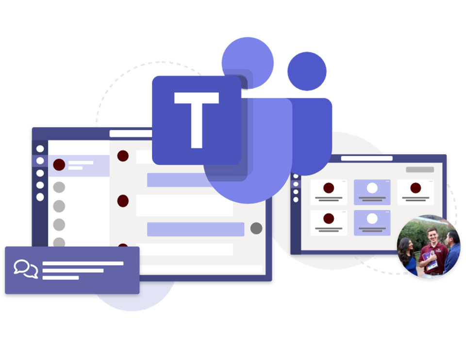 Texas A&M Students using Microsoft Teams App next to the Teams logo